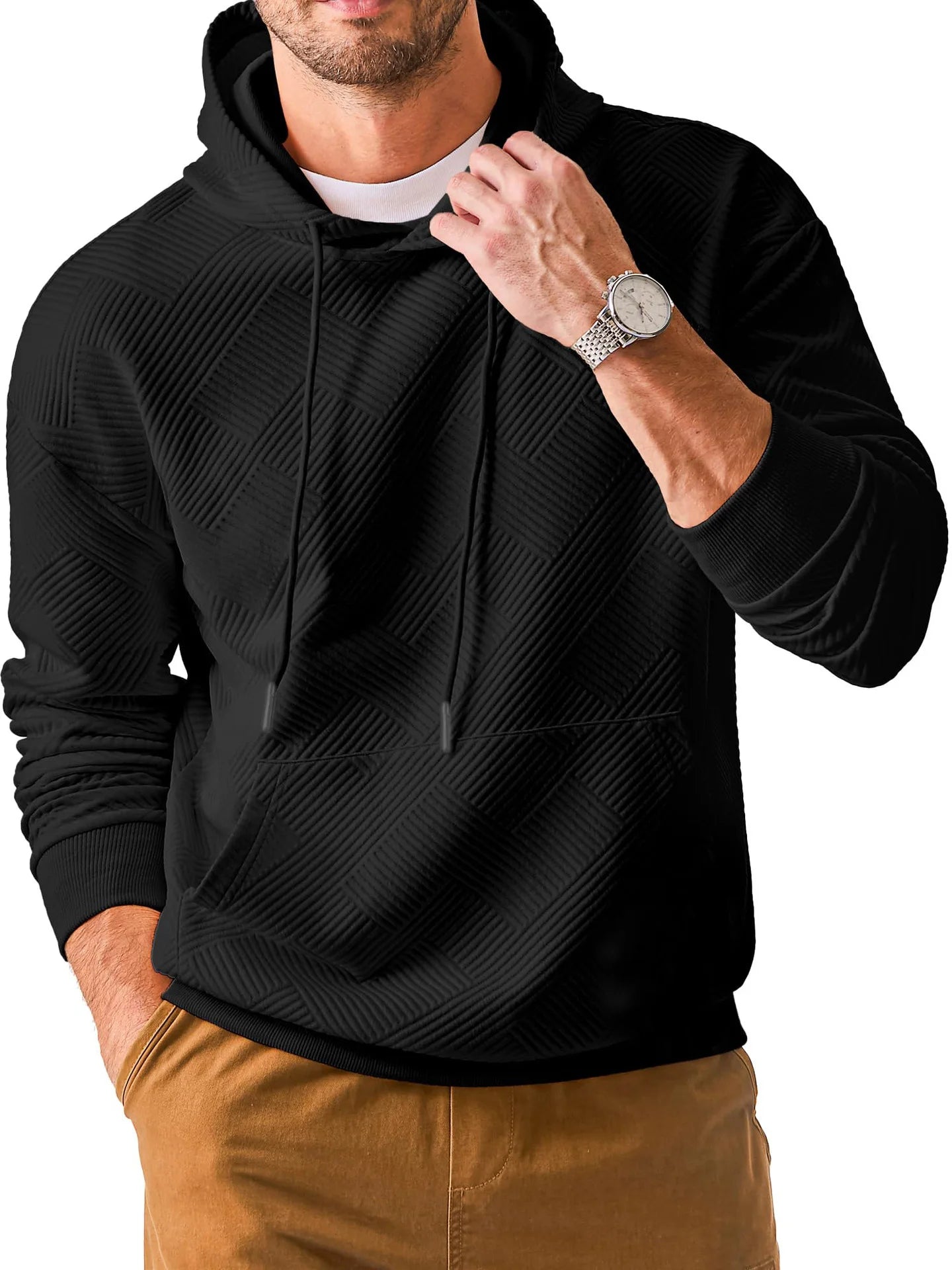 HEARUJOY  -  Solid Color Texture Hoodie For Men American Heavyweight Long Sleeve Hooded Sweatshirt Spring Autumn Loose Casual Pullover Tops