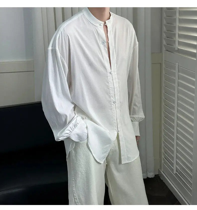 HEARUJOY  -  Korean Style Men's Casual Shirts Stand Collar Solid Color Single Breasted Loose Long Sleeved Male Tops New Summer