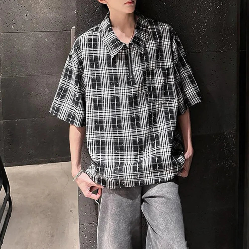 HEARUJOY  -  Mens Hot Diamond Plaid Half-Zip Casual Shirt Streetwear Fashion Youth Campus Versatile Short-Sleeve Tops Men'S Clothing 2025 New
