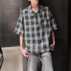 HEARUJOY  -  Mens Hot Diamond Plaid Half-Zip Casual Shirt Streetwear Fashion Youth Campus Versatile Short-Sleeve Tops Men'S Clothing 2025 New