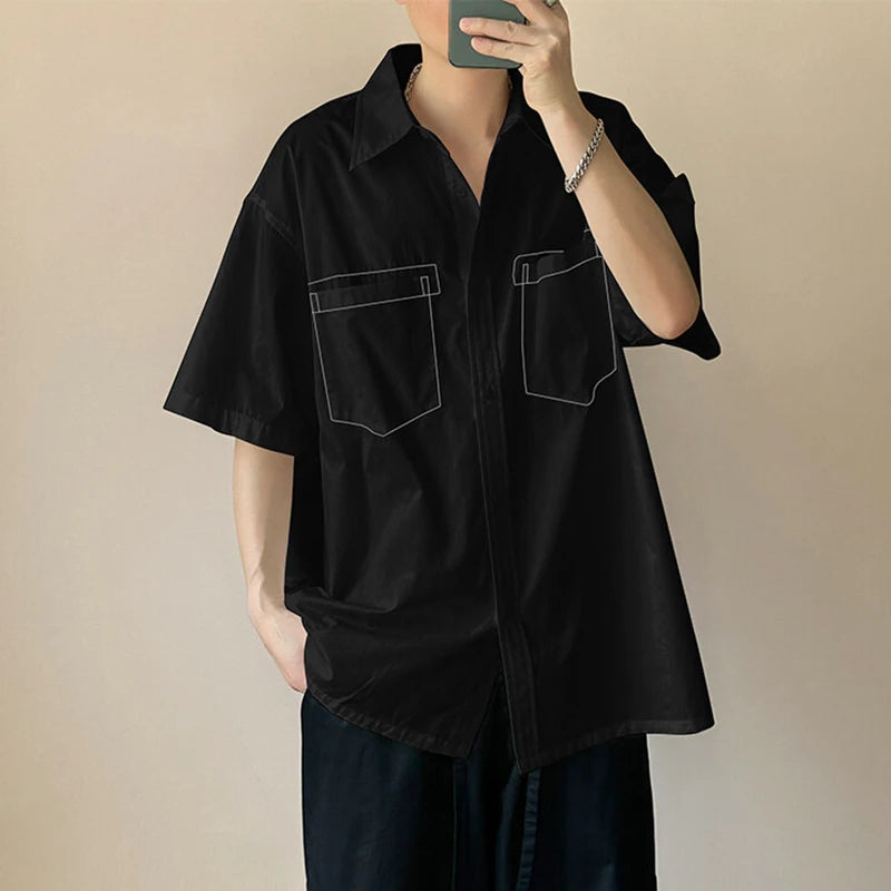 HEARUJOY  -  Men's Shirts Casual Line Design Turn-down Collar Short Sleeved Single Breasted Simple Loose Male Clothing Simple