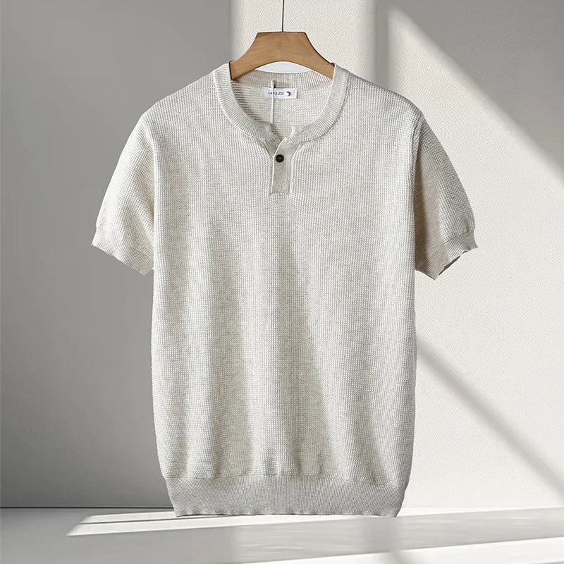 HEARUJOY  -  Vintage Men's Henley Neck Knit T Shirts Summer Casual Breathable Slim Fit Elastic Knitted Tee Men Fashion Short Sleeve Pullovers