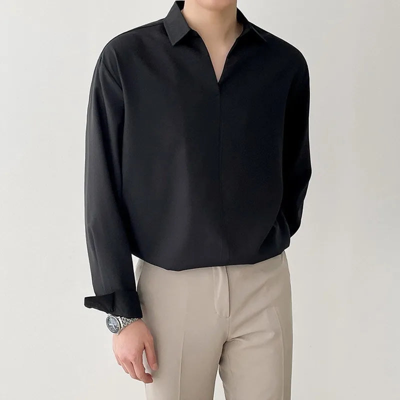 HEARUJOY  -  Men's Luxury V Neck Pullover Shirts Casual Solid Color Korean Fashion Clothes Long Sleeve High Quality Tops Spring 2025 New