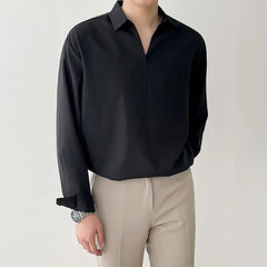 HEARUJOY  -  Men's Luxury V Neck Pullover Shirts Casual Solid Color Korean Fashion Clothes Long Sleeve High Quality Tops Spring 2025 New