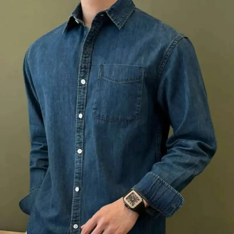 HEARUJOY  -  Lapel Collar Cotton Blend Denim Shirt Long Sleeve Shirt Retro Shirt British Versatile Casual Shirt Man Camisa Social Masculina