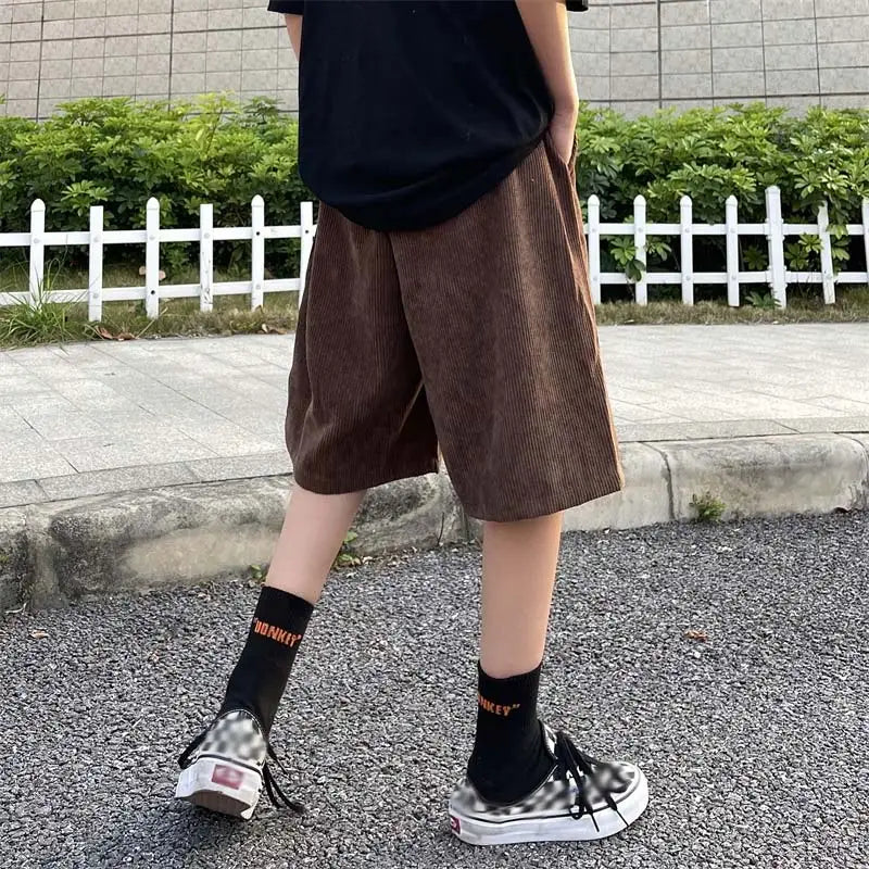 Hearujoy Brown Corduroy Shorts Oversized Baggy Five Point Trousers Summer Korean Fashion Wide Leg Pants Ins Hip Hop Bottoms Men and Women