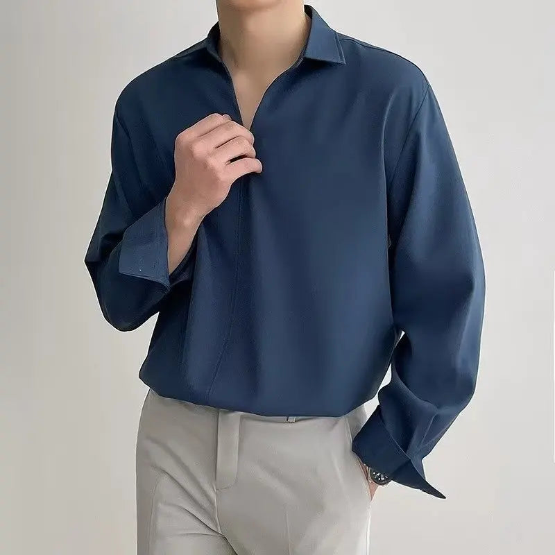 Hearujoy Long Sleeve New Thin Drape Casual Shirt for Men Small V-neck Design Men Shirt Summer Loose Korean Solid Color White Shirt Men