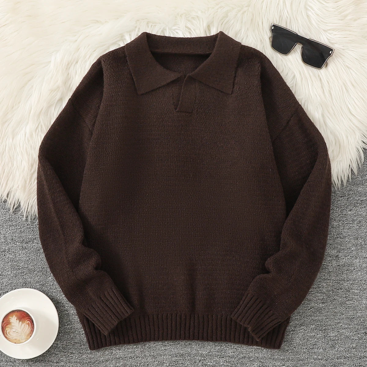 HEARUJOY  -  New Popular Autumn and Winter Pure Color Polo Collar V-Neck Pullover Sweater Casual Round Neck High-End Textured Knitted Men's Pullover