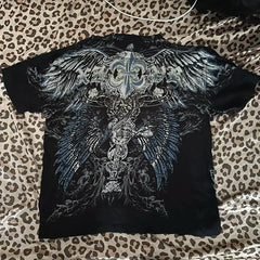 Hearujoy American New Double-Sided Oversized Printed T-shirt Y2K Retro Gothic Pure Cotton Short Sleeve Men Street Hip-Hop Trend Loose Top