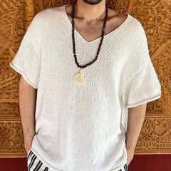 Hearujoy Mens Hollow Casual Knitted Tops Genderless 2024 Summer New Fashion Vacation White Loose Breathable Short Sleeve T-Shirt Unisex