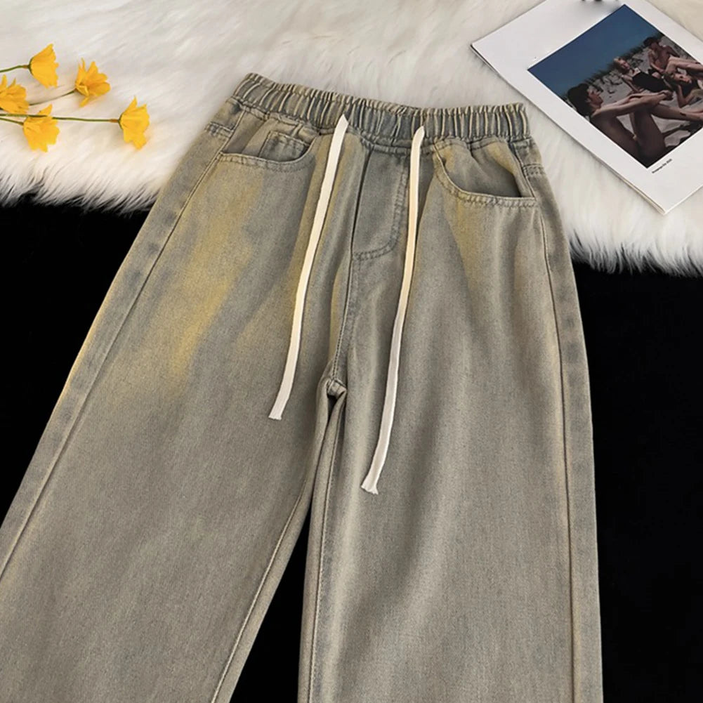 HEARUJOY  -  Men Vintage Korean Casual Pants High Street Hip Hop Straight Wide Leg Jeans Male Drawstring Streetwear
