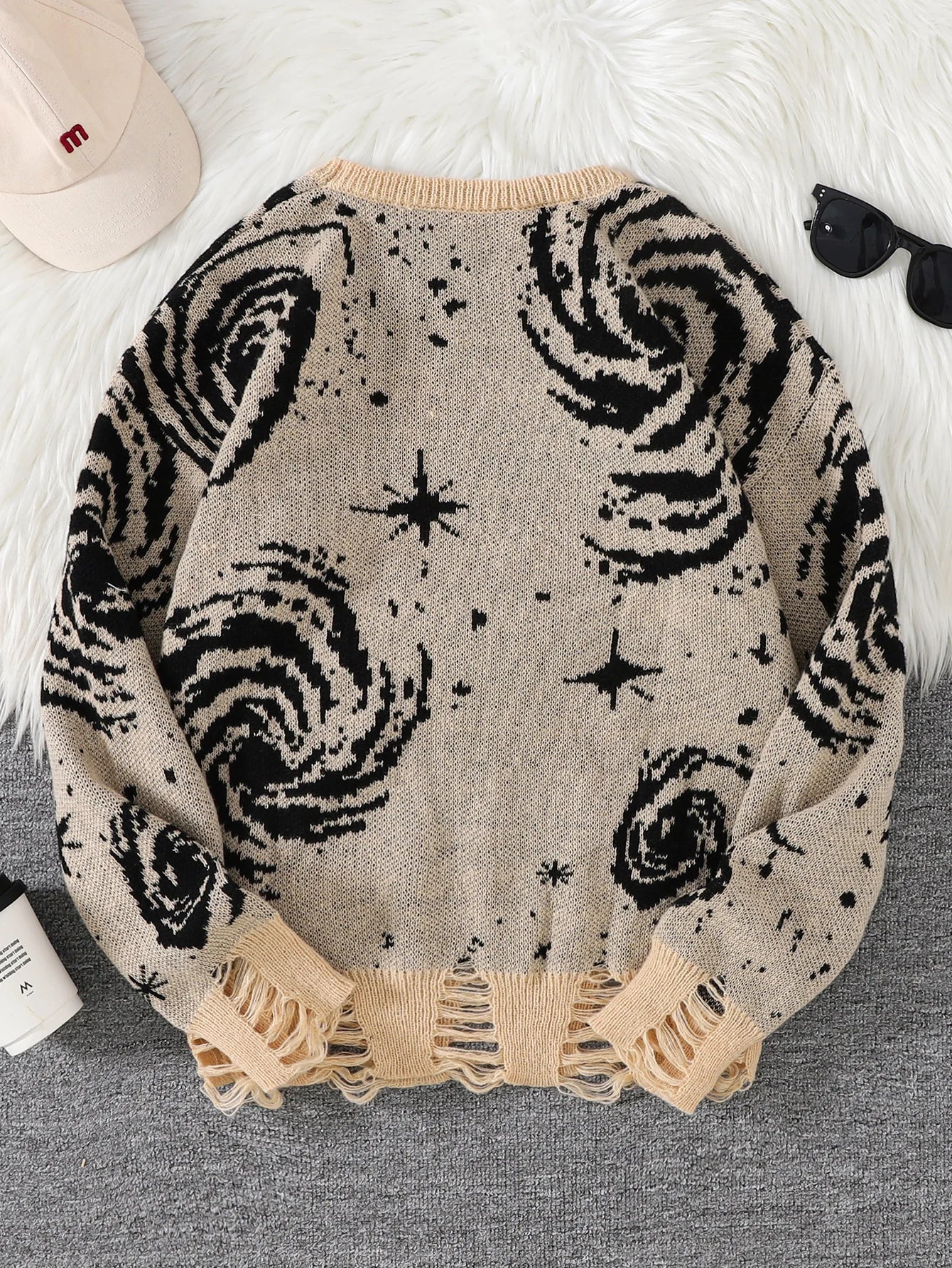 HEARUJOY  -  New Popular Street Ripped Abstract Starry Sky Pattern Pullover Ripped Sweater Casual Round Neck Knitted Men's Pullover