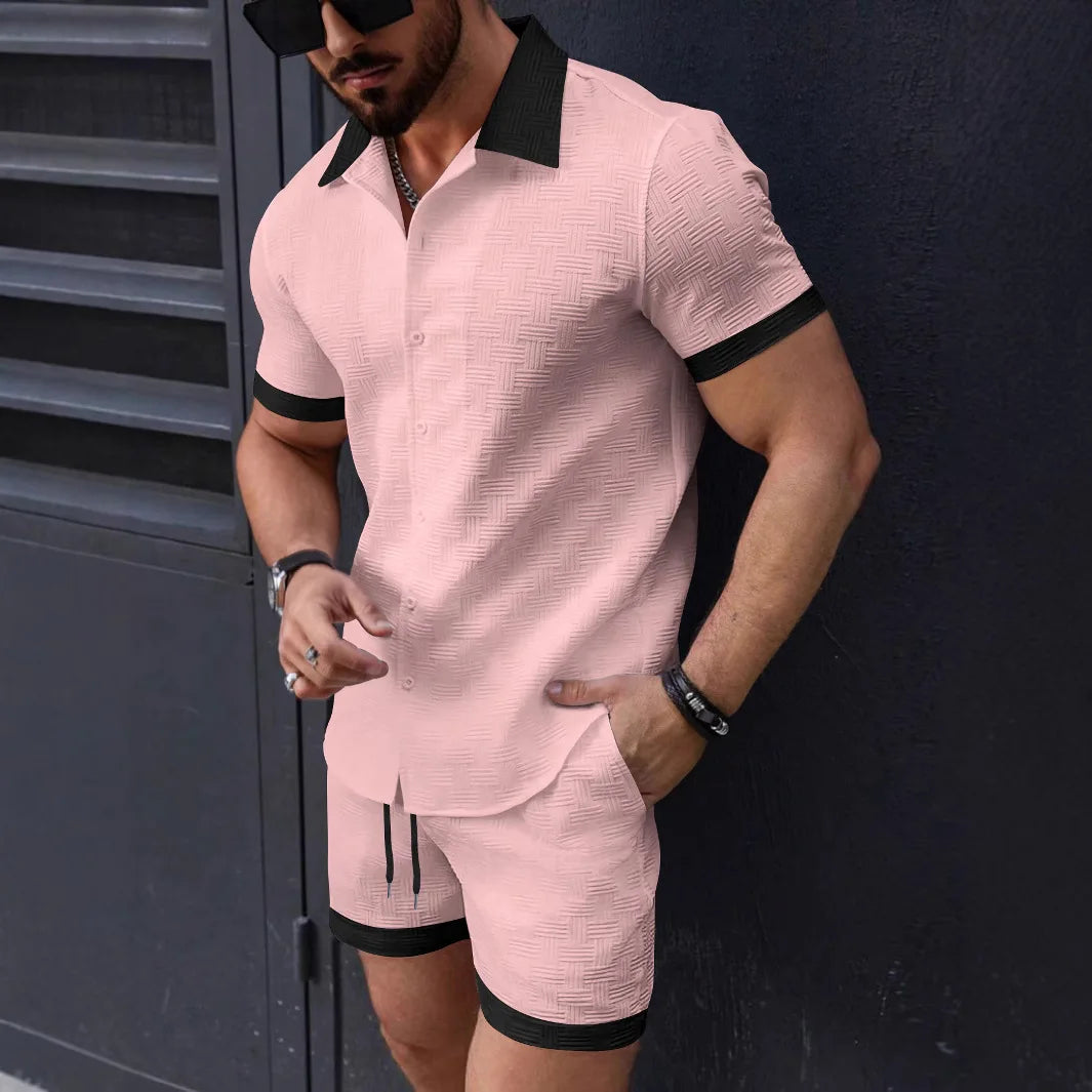 HEARUJOY  -  Fashion Patchwork Men's Suit Short Sleeved Shirt And Shorts Two-piece Set 2025 Summer Loose Casual Sports Outfits For Man
