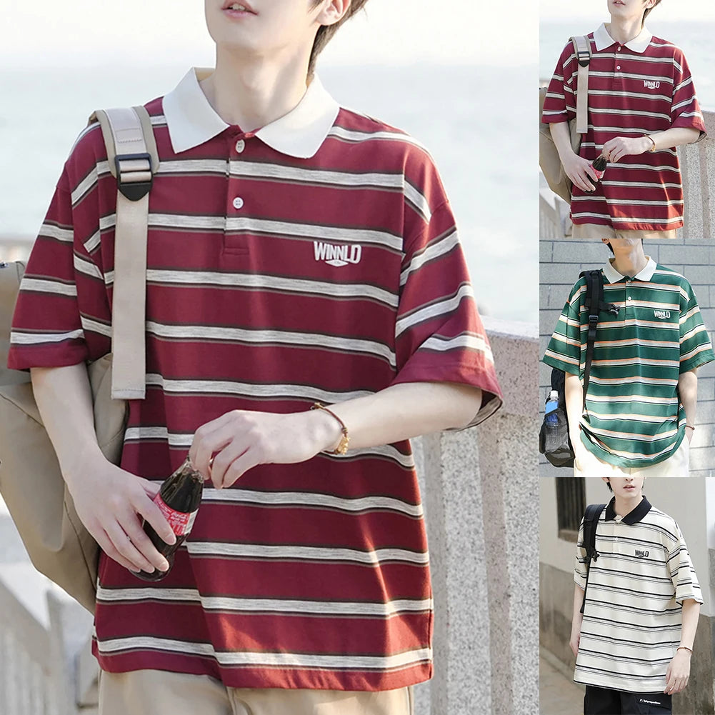 HEARUJOY  -  Casual Summer 2XL Mens Summer T-Shirts Casual Striped Short Sleeve Shirts Vintage Short Sleeve Tops Lapel Neckline
