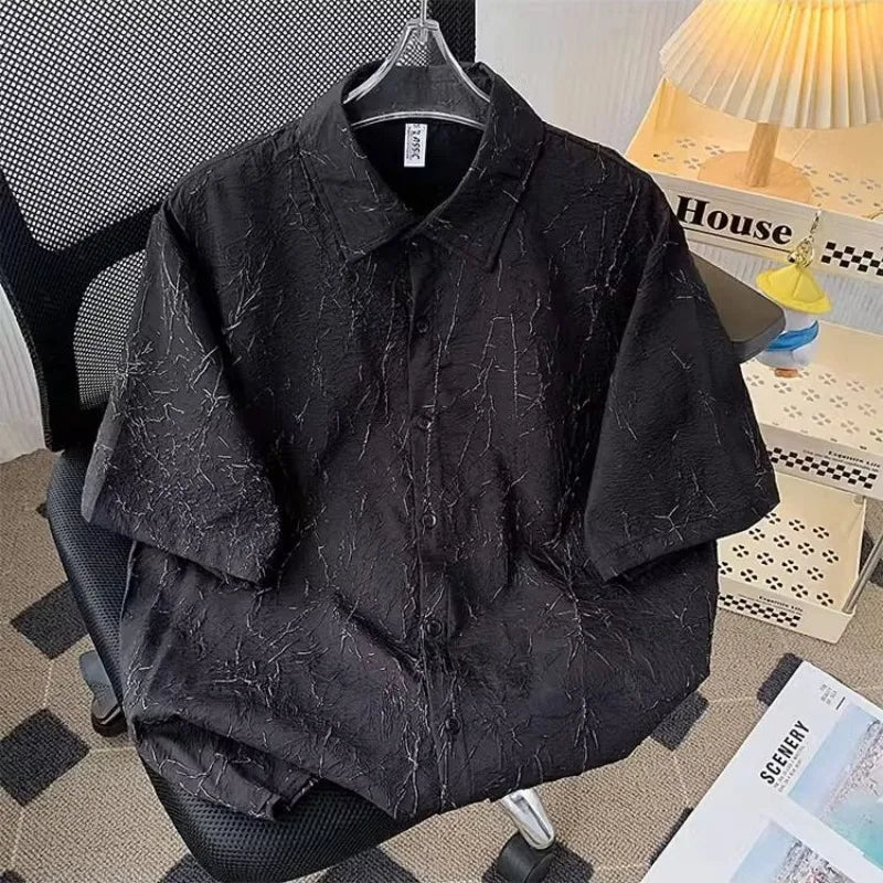 HEARUJOY  -  Men Fashion High Street Vintage Luxury Jacquard Lapel Button Down Shirt Summer Casual Short Sleeve Loose Tops Camisas De Hombre