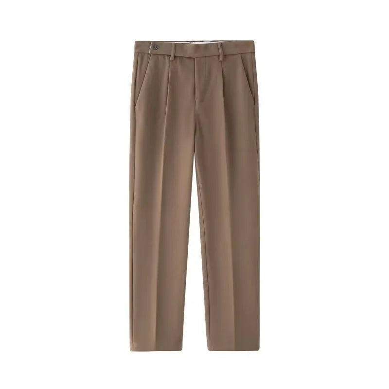 HEARUJOY  -  Korean Fashion Woolen Suit Pant Men Waist Button Straight Trouser Autumn Winter Business Casual Loose Light Mature Style Pants
