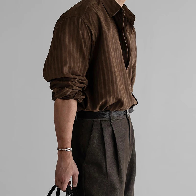 HEARUJOY  -  New Korean Fashion Men Shirts Light Luxury Textured Business Striped Long Sleeve Cardigan Tops Leisure High Quality Blouse M-2XL