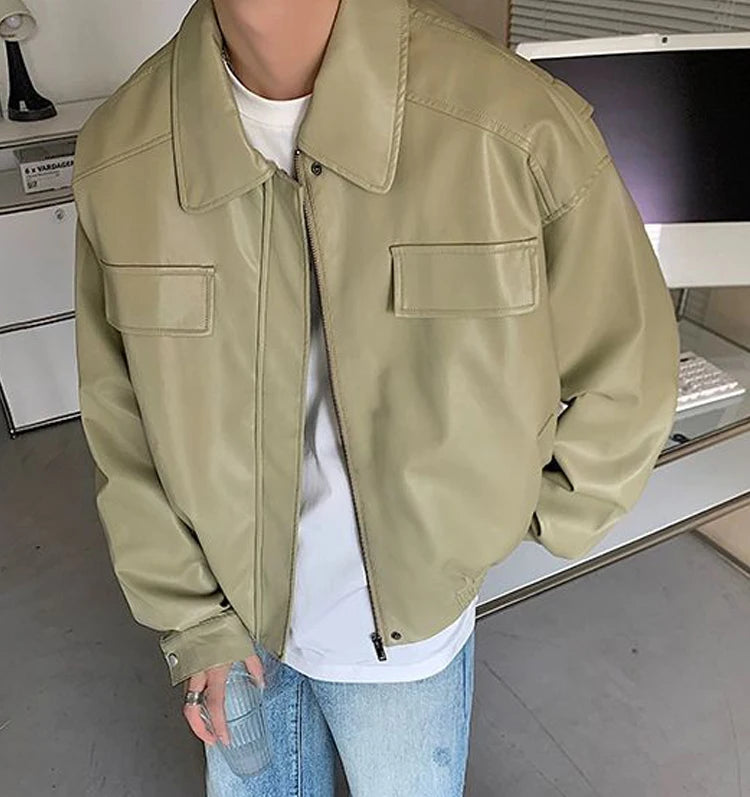 HEARUJOY  -  Men's Casual Texture PU Leather Jacket High Street Zippers Turn-down Collar Long Sleeve Retro Coat with Pocket Spring Autumn