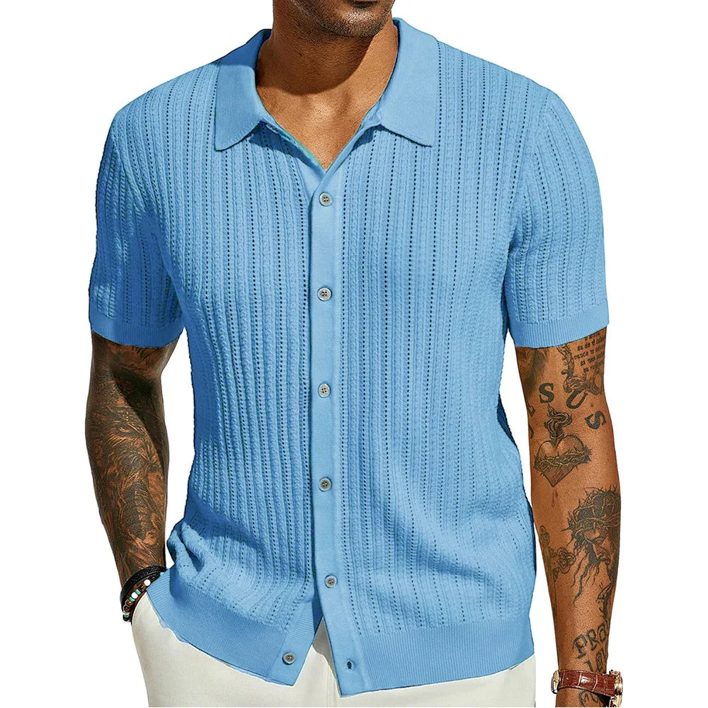 HEARUJOY  -  Men's Casual Top Summer Cool Knit Shirt Short Sleeve Lapel Solid Color Hollow Breathable Top