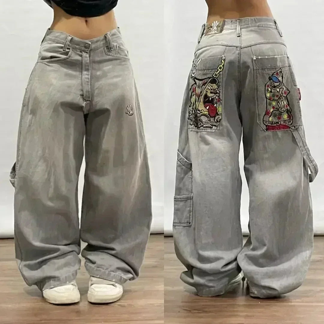 Hearujoy Y2K New Retro Embroidered Jeans 90s Street Trend Hip Hop Straight Jeans Men's Women's Punk Gothic Casual Loose Wide Legs Pants