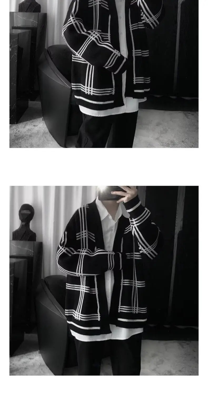 HEARUJOY  -  Street Plaid Cardigan Sweater Hong Kong Style Loose Jacket