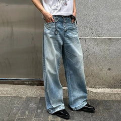 Hearujoy High Street Men's Denim Pants Loose Washing Bottun Design Straight Wide Leg Malwe Casual Jeans Autumn Simple 9C6709