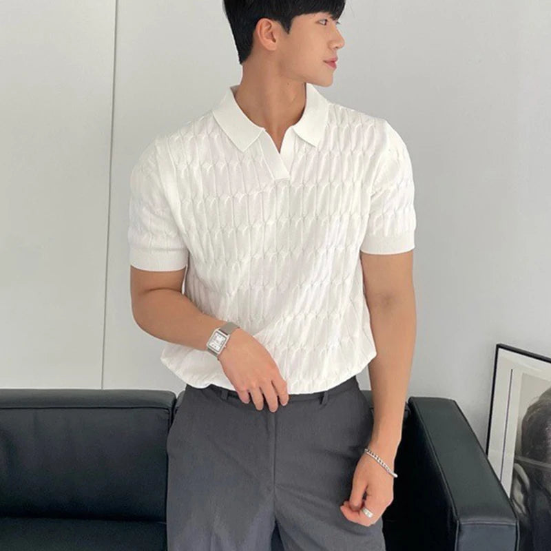 HEARUJOY  -  Summer Clothing Men's Light Luxury Knitted Jacquard Polo Shirt V-Neck Solid Color Short-sleeved Korean Popular Leisure Knitwear
