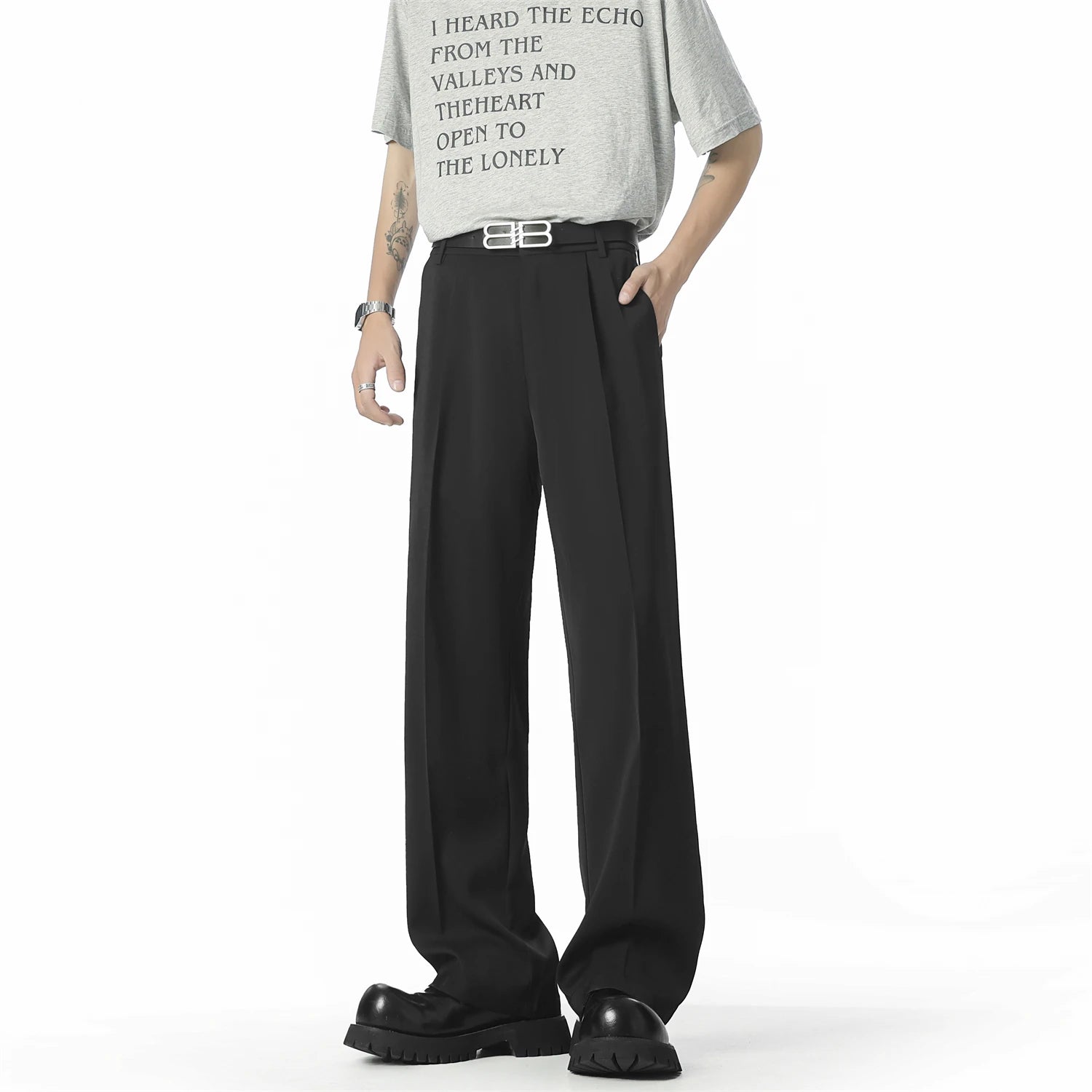 HEARUJOY  -  Men's Straight Baggy Casual Pants Korean Slit Personality Suit Trousers Fashion Formal Business Male Streetwear Gray Black