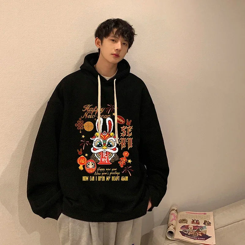 HEARUJOY  -  Men's Oversized Hoodie Off White Rabbit Print Hoodies with Hat Over Size for Men 5XL Man Hoody Casual Wear Male Sweatshirt