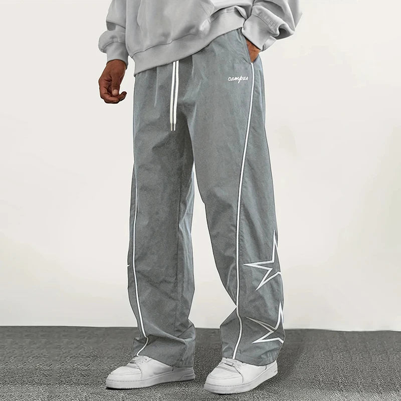 HEARUJOY  -  American Casual Baggy Pants Men Cargo Trousers High Street Drawstring Workwear Trendy Loose Versatile Straight Wide-Leg Pants