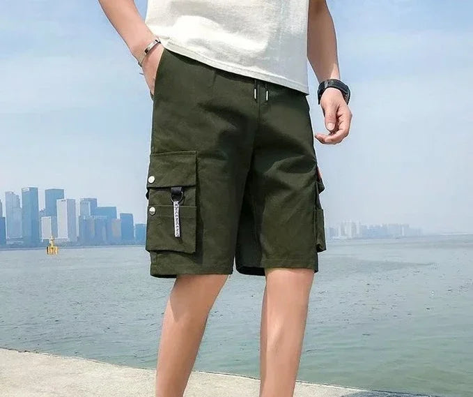 HEARUJOY  -  Oversize Wide Multi Pocket Loose Baggy Short Pants for Men Solid Big Size Elastic Waist Mens Cargo Shorts Hevy Whate Cotton Tall