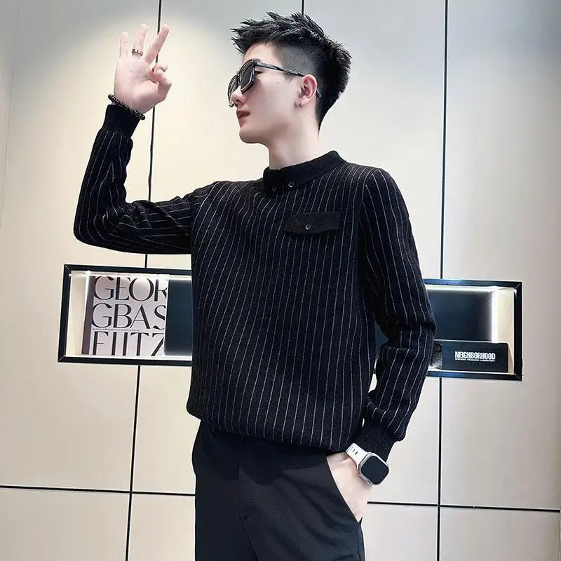 Hearujoy Men Clothing Autumn Winter Korean Fashion Striped Basic Knitted Sweater Casual Polo Collar Long Sleeve Slim Pullover Tops Jumper