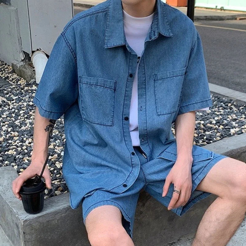 HEARUJOY  -  Japanese Man Sets Work Clothes Loose Cool Two-piece Set New in Matching Elastic Baggy Korean Stylish Shirts Shorts Suits for Men