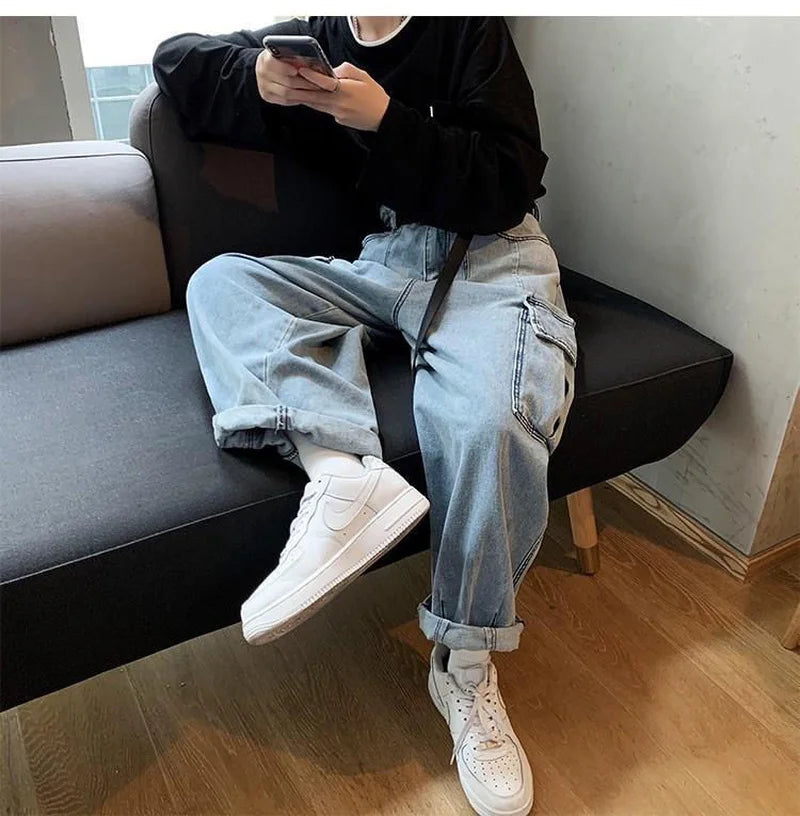 Hearujoy Baggy Jeans Trousers Male Denim Pants Black Wide Leg Pants Men's Jeans Loose Casual Korean Streetwear Hip Hop Harajuku