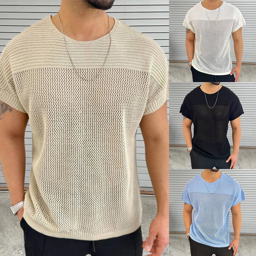 HEARUJOY  -  Comfort Men Top T-shirts O Neck Hollow Out Knitted Knitting Loose Regular Short Sleeve Solid Sports Stylish Summer