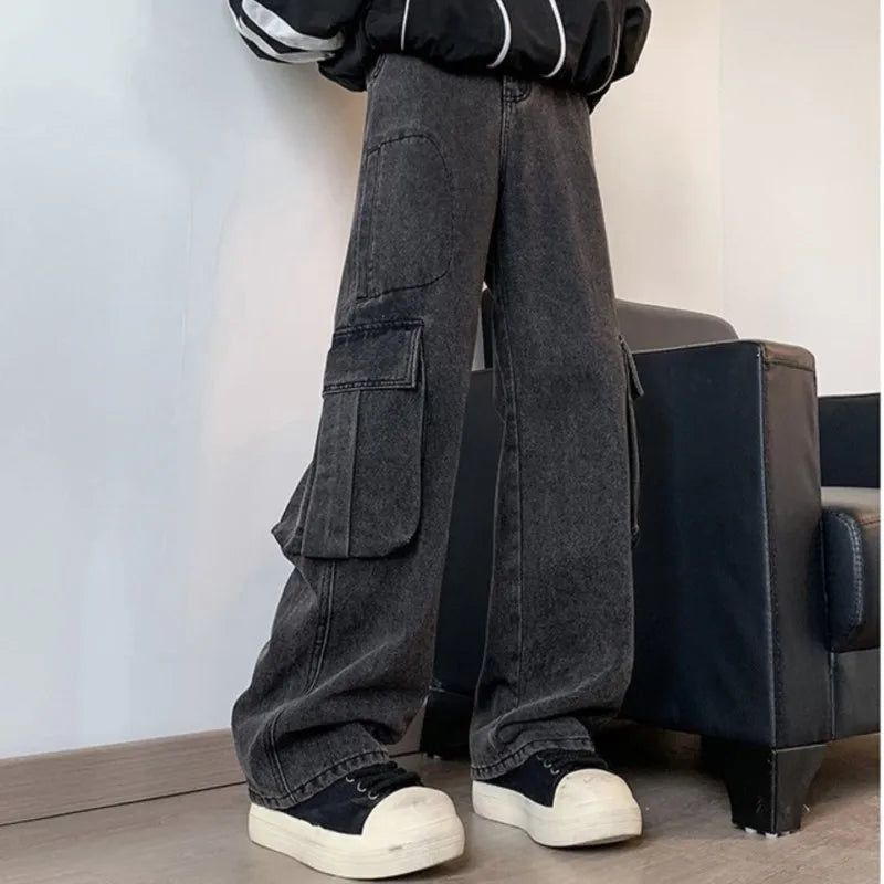 Hearujoy Men Cargo Jeans Loose Straight Wide Leg Denim Pants Men's Hip Hop Streetwear Neutral Skateboard Mopping denim Trousers