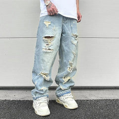 Hearujoy Hip Hop Washed Knee Hole Baggy Wide Leg Casual Jeans for Men Y2K Ripped Loose Distressed Denim Trousers Oversized Cargo Pants