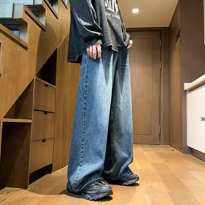 Hearujoy 2024 New Streetwear Washed Old Jeans Pants Loose Neutral Plus Size Wide Leg Pants Harajuku Casual Denim Pants Men Clothing Y2K