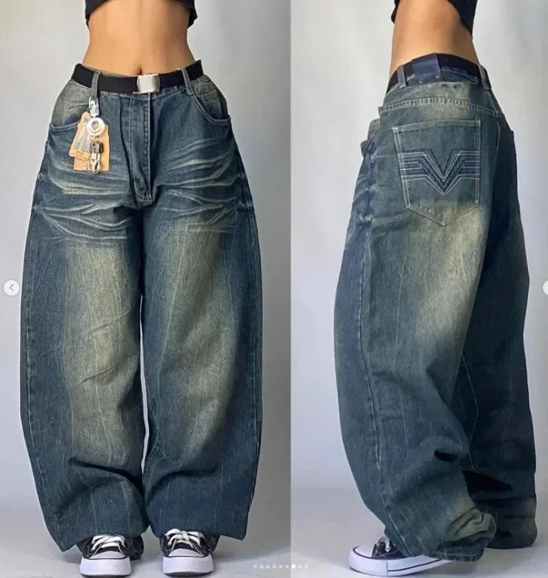 Hearujoy Y2K New Fashion washing Embroidery Loose Jeans Men Women Street Casual Joker Mopping Oversized Wide leg Pants Couple denim Jeans
