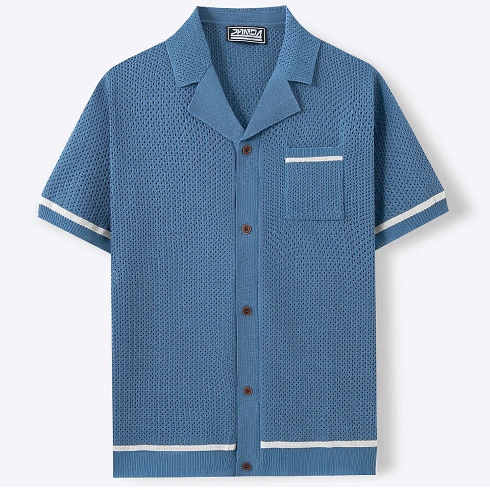 HEARUJOY  -  Summer New Men's Sexy Hollow Knitted Short Sleeve Shirt Retro Fashion Trend Casual Simple Loose Seaside Vacation Men's Tops