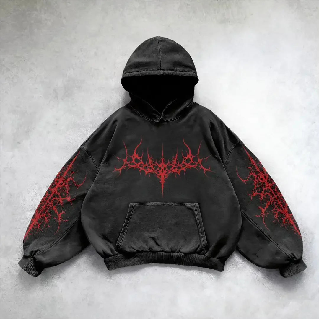Hearujoy Gothic Retro Oversized Graphic Print Black Hoodies Loose Harajuku Long Sleeved Pullover Y2k Hoodie Men and Women Sweatshirt Tops