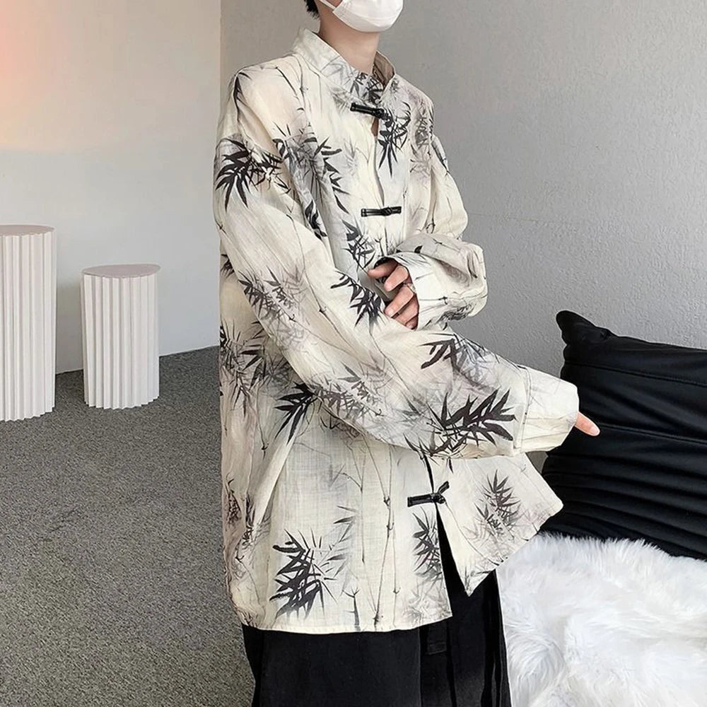 Hearujoy Art Men Chinese Style Hanfu Tops Traditional Ethnic Kung Fu Trendy Shirt Sunscreen Clothing Bamboo Leaf Pan Button Printing Top