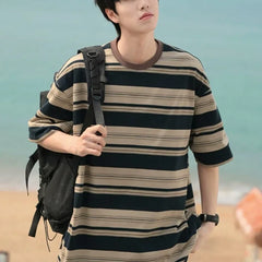 HEARUJOY  -  Striped Top Man Tee Shirts Loose T Shirt for Men Kpop Original Luxury High Quality Cheap Clothes Casual New in Harajuku Funny
