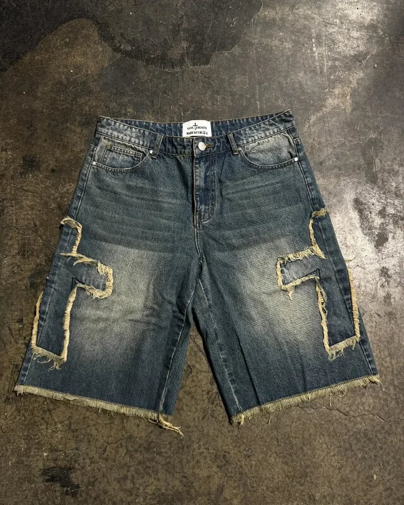Hearujoy Street washed geometric cross embroidery raw edge high quality baggy denim shorts for womens y2k summer new simple sports pants