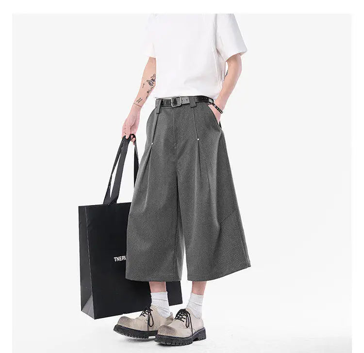 HEARUJOY  -  Korean Style Men Casual Shorts Solid Color Pleated Design Metal Design Cropped Trousers Cleanfit Male Bottom Simple