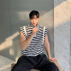 Hearujoy Fashion Korean Summer Casual Men's Turtleneck Striped Vest New Loose Top Personality Half Zipper Sleeveless T-shirt Trend