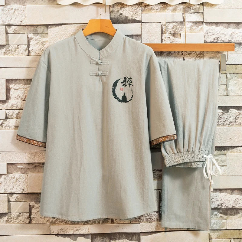 HEARUJOY  -  Summer Shirt + Trousers Men sets Chinese Style Men Shirt Cotton and Linen Shirts Men's High Quality Casual Shirts Two Piece Suit