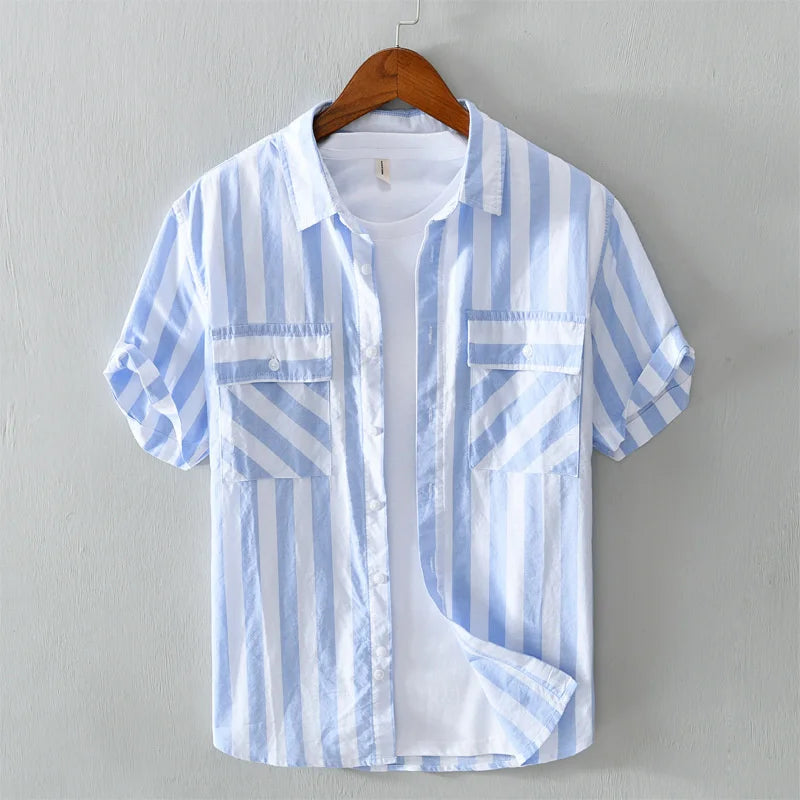 HEARUJOY  -  Harajuku Cotton Striped Shirt Men Japanese Style Summer Holiday Beach Short Sleeve Shirts for Man Clothing Camisa Masculina