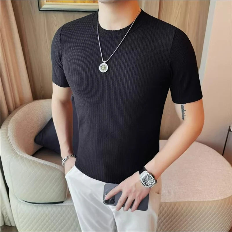 HEARUJOY  -  Men's Slim Stretch O-Neck Tee Trio | Breathable Knit T-Shirts in Black, White & Camel Fashion Men's Everyday Joker Top