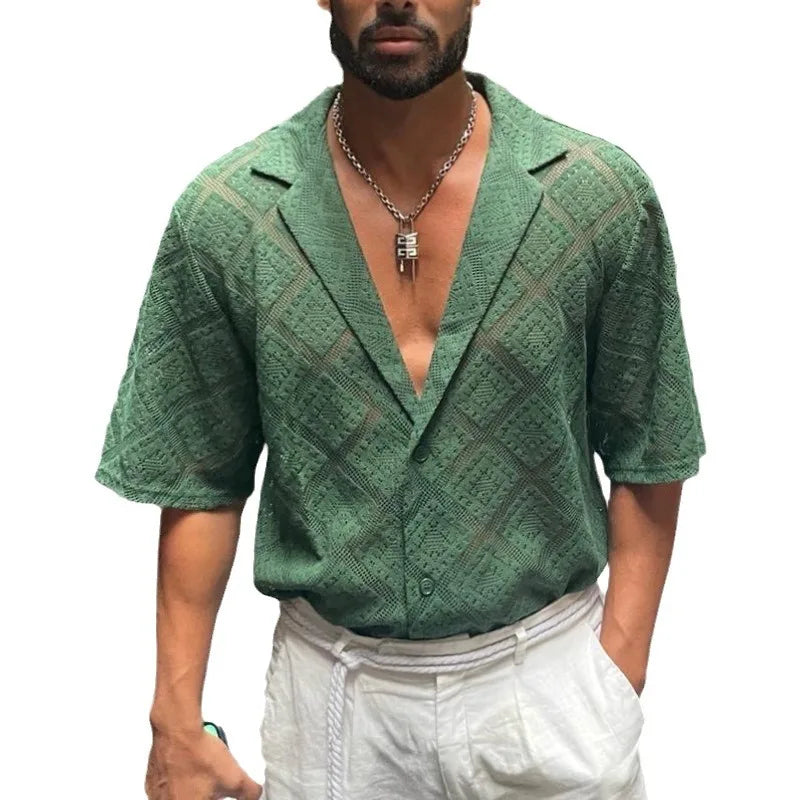 HEARUJOY  -  Summer Cool Shirt Men's Knitted Hollow Out Breathable Tops Fashion Short Sleeve Lapel Jacquard Shirts Casual Cardigan Streetwear